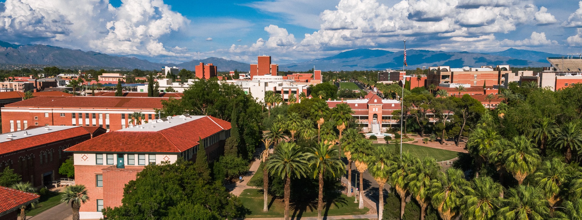 Aerial panoramic image of the University of Arizona campus taken facing east in front of the Old Main building